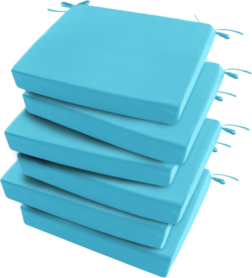 Outdoor Chair Cushions Set of 6: Waterproof & Fade Resistant Seat Cushion for Patio Furniture - 18.5 x 16 x 2 Inch Chair Pads with Ties and Hidden Zipper - Patio Chair Cushion Replacement, Teal