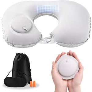 Inflatable Travel Neck Pillow - Portable Airplane Pillow for Flights, Adjustable Neck Support for Cars & Trains (Grey)