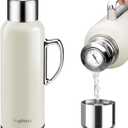 34 oz Insulated Water Bottle, Double Wall Vacuum Stainless Steel Water Flask Jug with Handle & Metal Mechanical Temperature Measuring Cup Lid, Leakproof Travel Bottle Keep Cold 36h Hot 24h (White)