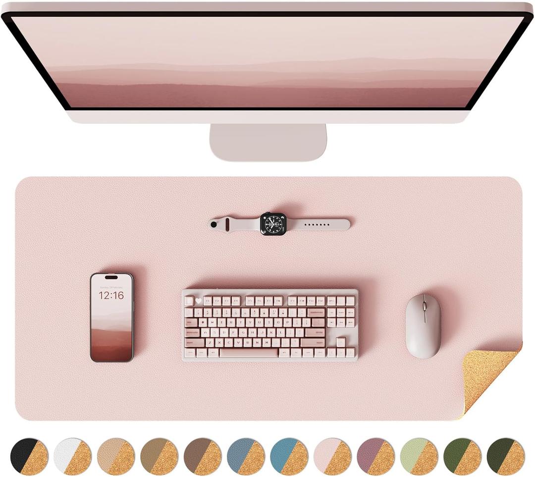 YSAGi Double-Sided Desk Pad, Leather Desk Mat, Eco Cork Desk Pad Protector, Large Mouse Pad for Desk, Waterproof Desk Blotter Pad, Desk Writing Pad for Office Work/Home(23.6"x13.7",Pink/Cork)