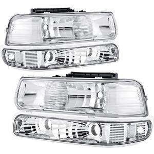 Headlights Assembly Compatible with 1999 2000 2001 2002 Chevy Silverado, 2000 2001 2002 2003 2004 2005 2006 Chevy Suburban Tahoe Chrome Housing Clear Lens Headlamp with Bumper Lights 4Pcs