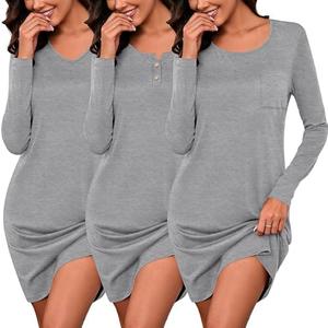 Huukeay 3 Pack Women's Nightgowns Long Sleeve V Neck Sleepshirt Dress Crewneck Nightshirt Henley Pajama Comfy Sleepwear L (All Grey)