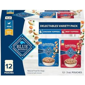 Blue Buffalo Delectables Natural Wet Dog Food Toppers Variety Pack, Tasty Chicken & Hearty Beef, Cuts in Gravy, 3-oz. (12 Pouches, 6 of Each Flavor), Best By 2026 NOV 22