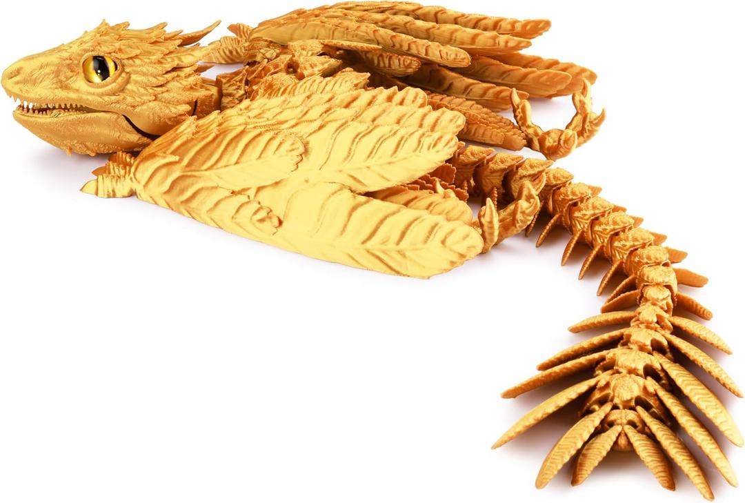Feathered Wyvern Dragon, 3D Printed Dragon, Articulated Dragon, Fidget Dragon, 3D Printed Toys, Desktop Pet (Golden Dawn)