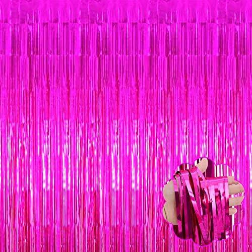 6 Pack Fuchsia Tinsel Foil Fringe Curtain Backdrop, 3.28Ft x 8.2Ft Metallic Streamers for Photo Booth, Birthday, Wedding, Thanksgiving Day, Christmas, Birthday, Halloween Party Decorations