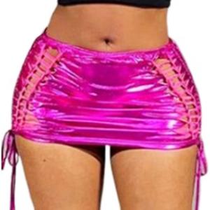 EVILD Sexy Metallic Mini Skirt Glitter Tie up Cut Out Skirt Elastic Ruched Club Bodycon Skirt Party Sexy Costume for Women ( Regular, Rose)