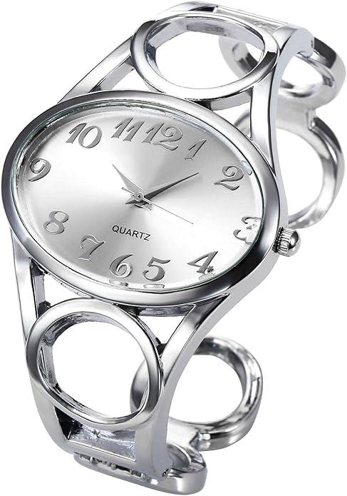 Top Plaza Women Fashion Silver Tone Circle Band Arabic Numeral Scale Bangle Cuff Dress Bracelet Watch  Valentine's Day Gift