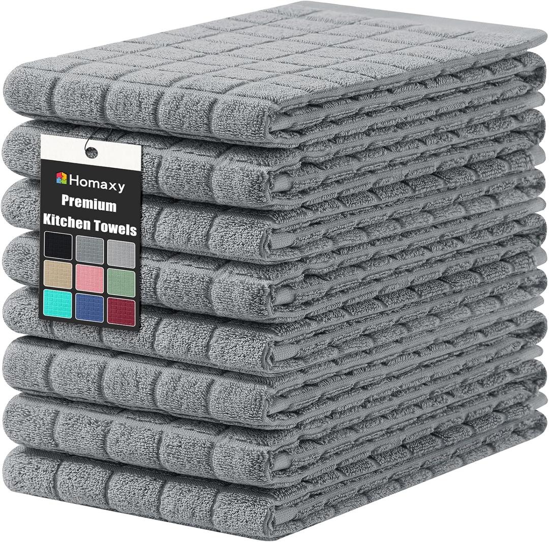 Homaxy Premium Cotton Kitchen Towels 16"x 28", Large Natural Ring Spun 390 GSM Dish Towels, Super Absorbent Terry Kitchen Hand Towels, Soft Tea Towels with Hanging Loop, Pure Grey Design, 8 Pack