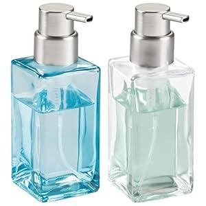 mDesign Glass Refillable Foaming Hand Soap Dispenser Modern Square Pump Bottle for Bathroom Vanity or Kitchen Sink, Countertops - Casi Collection - 2 Pack - Blue/ Brushed, Clear/ Brushed
