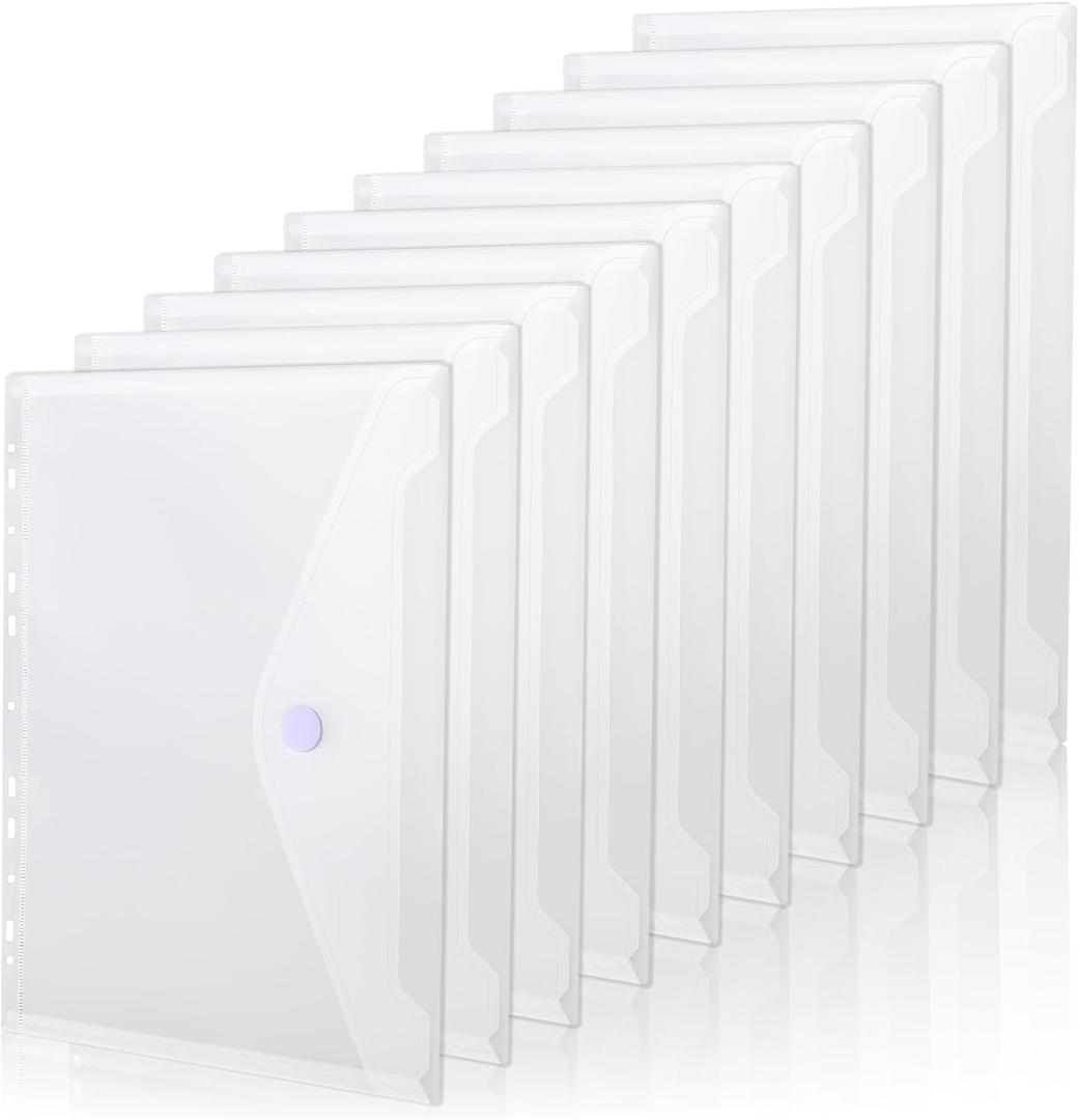 BAYTORY 10Pcs Clear Binder Pocket, Plastic Pocket Folders with Hook and Loop Closure, 11 Holes Poly Binder Envelope, Plastic Folder for School & Office Supplies (A4)
