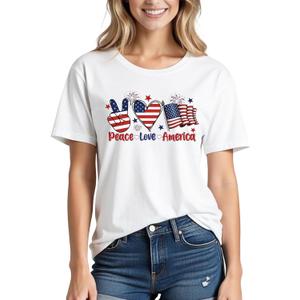 4th of July Shirts Women:Premium Cotton Crewneck USA American Flag Patriotic Short Sleeved T-Shirt (White, L)
