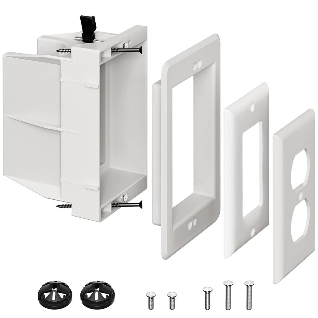 DVFR1W1 Recessed Outlet Box, Recessed Electrical Box for Wall Mount TV, Outlet Mounting Box for New Construction&Retrofit Projects, Wall Outlet Box with Duplex & Decorator Style Covers,1Gang
