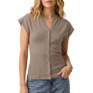 Saodimallsu Womens Button Down Sweater Vest Sleeveless Ribbed V Neck Tank Tops Summer Lightweight Knit Fitted Cardigan Khaki (Brown)