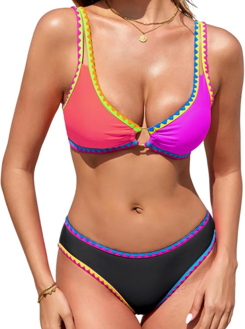 RIHOAS Women's Two Pieces Triangle Bikini Sets O Ring Linked Swimsuits Summer Beach Bathing Suit (Medium, Pink)