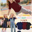 3 Pack Girls' Short Sleeve T-Shirts Loose Fit Crew Neck Tops Raglan Curve Hem Shirts Casual Kids Basic Tees 5-14Y