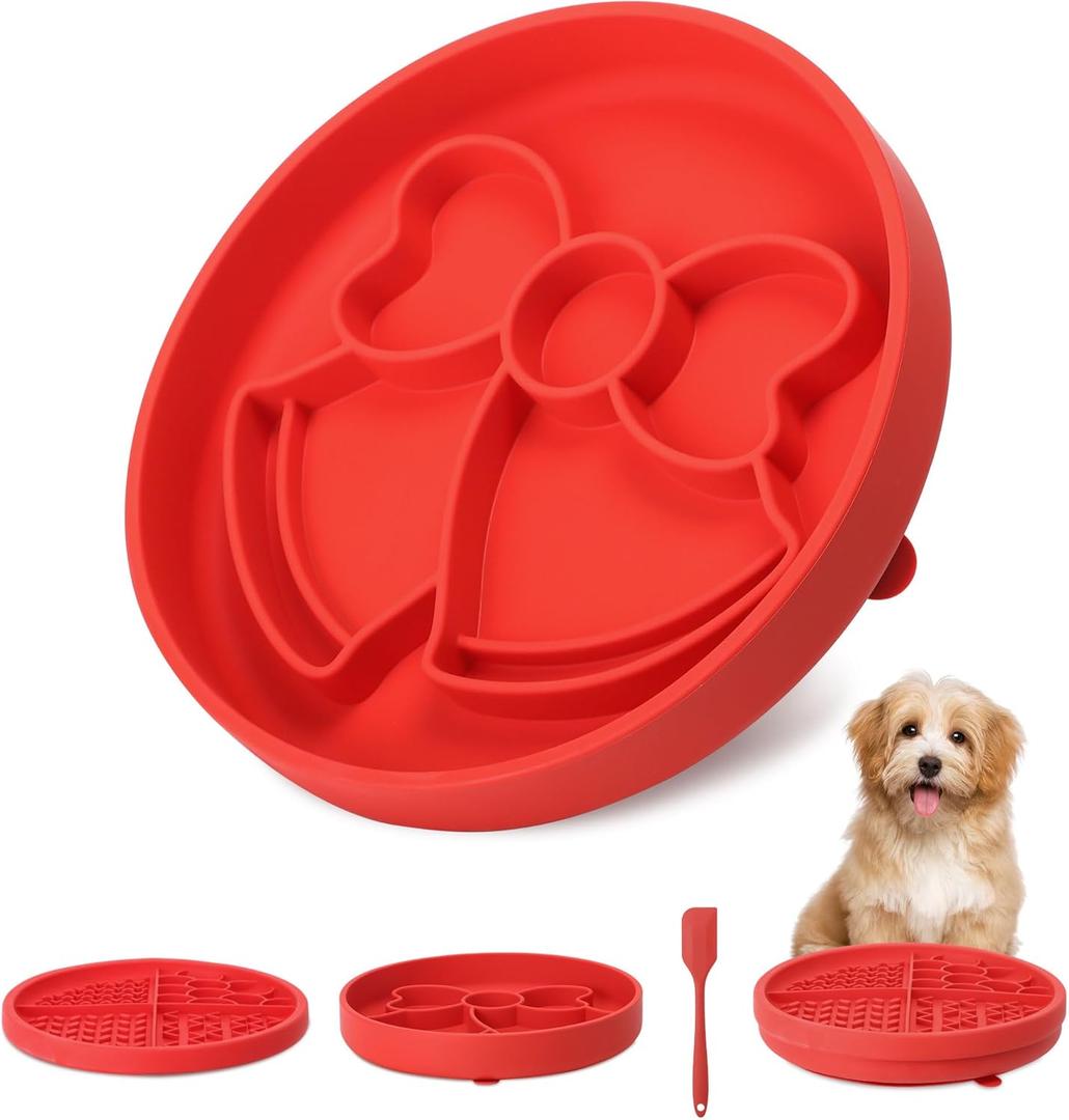 2 in 1 Slow Feeder Dog Bowls with Suction Cups, Interactive Feeders for Dogs, Boredom & Anxiety Reducer, Silicone Lick Mat for Dogs-Dishwasher Safe, Christmas Dog Toys, Red, UU Bowl + Divided Lick Pad