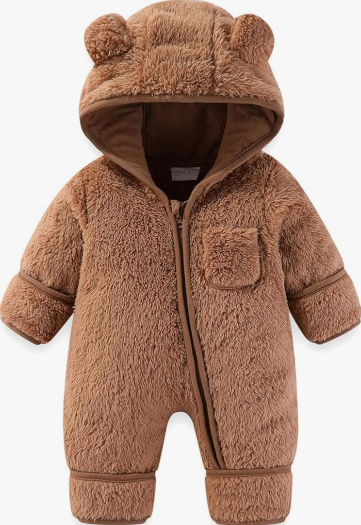 Infant Snowsuit Newborn Bear Outfit Baby Girls Boys Winter Clothes Warm Fold Over Mittens Footies Romper, 6-9 months