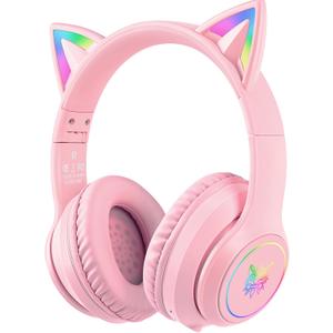 Bluetooth Kids Headphones with Microphone, Cat Ear LED Light Up and 85dB Volume Limited Toddlers Study Headphone, Wireless Foldable HI-FI sound Over-Ear School Headphones for iPhone/iPad/Laptop/PC