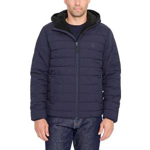 IZOD Men's Hooded Stretch Puffer with Sherpa Lining, Navy, Medium