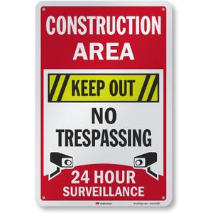 SmartSign 18 x 12 inch “Construction Area - Keep Out, No Trespassing, 24 Hour Surveillance” Metal Sign, 63 mil Aluminum, 3M Laminated Engineer Grade Reflective Material, Multicolor