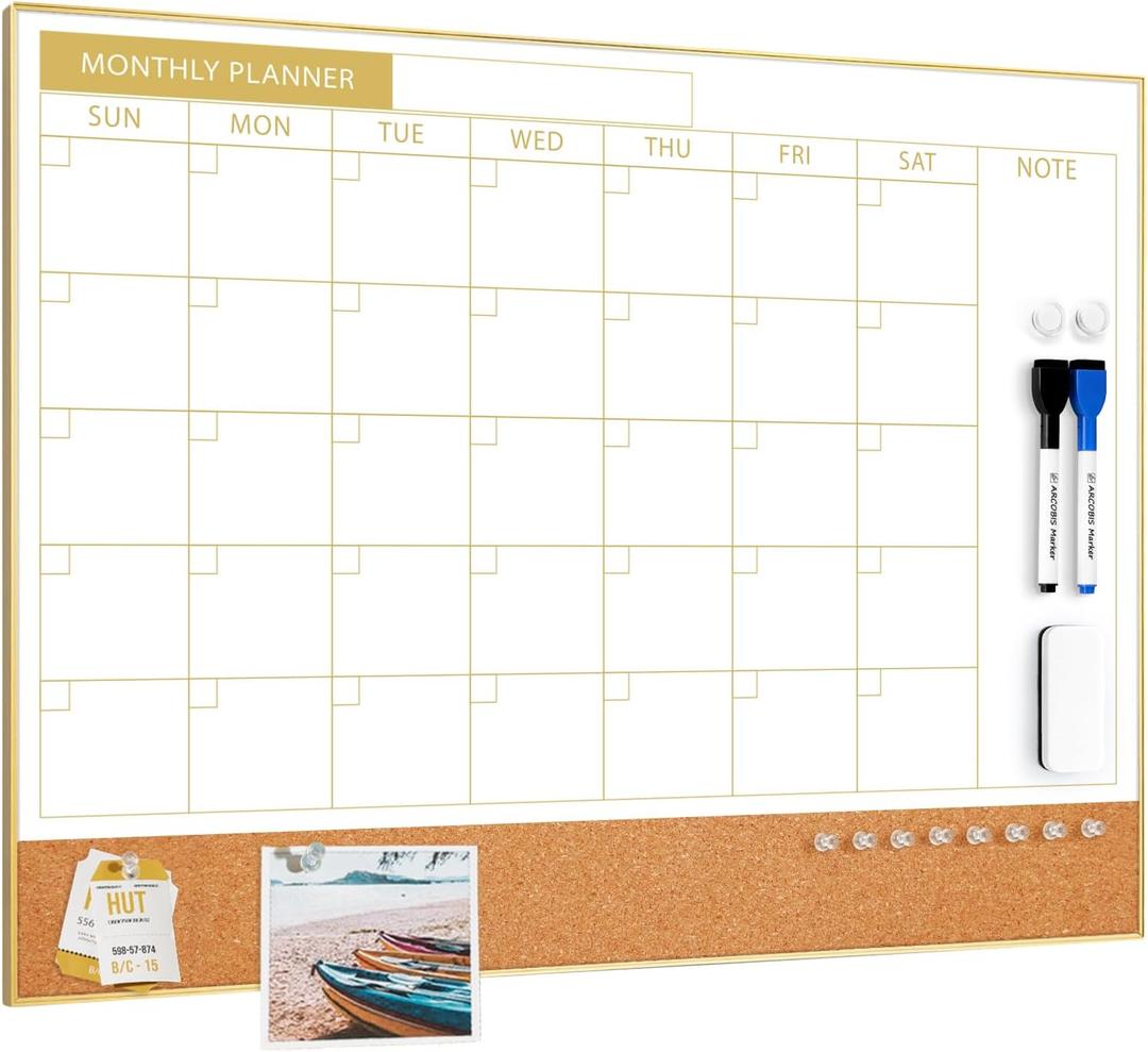 ARCOBIS Dry Erase Calendar Whiteboard Cork Board Combo, 24"x18" Magnetic White Board Calendar Dry Erase for Wall, Gold Frame Monthly Combination Board for Office, Home, School