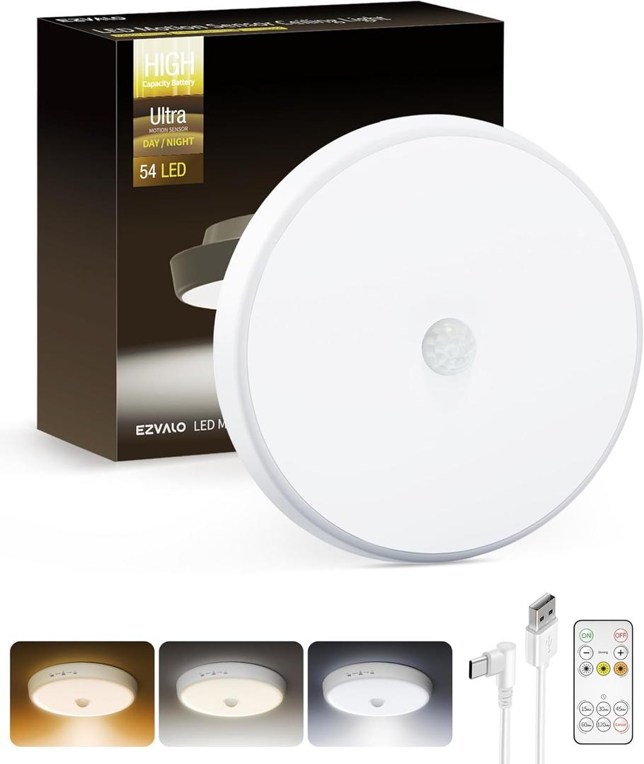 EZVALO Motion Sensor Light Indoor, 10000mAh, 7.1inch, 400LM, Remote Control, Dimmable, LED, Flush Mount, Wireless, Rechargeable, Battery Operated, Cordless, Ceiling Light, Closet Light, No Wiring (3 Color Modes: Warm / Neutral / Cool)
