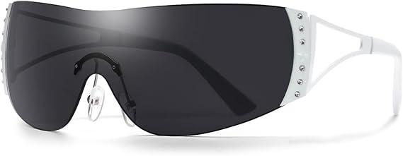 Y2K Glasses 2000s Cool Rimless Sunglasses for Women Men Trendy Shield Wrap Around