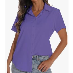 Women's Short Sleeve Button Down Shirt Womens Shirts Dressy Casual Business Work Blouses V Neck Collared Tops Size M Purple