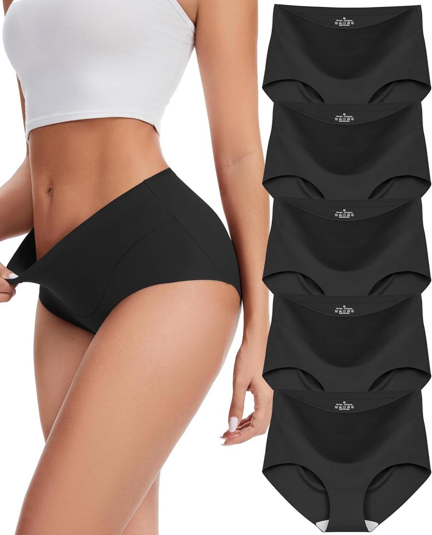 Sunm Boutique Seamless Womens Underwear, No Show Full Coverage Briefs, Tummy Control High Waisted Panties for Women (5 Pack, Large, Black)