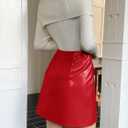 Yousify Womens Faux Leather Mini Skirts High Waisted A-Line Fall Short Skirt with Pockets (Red)