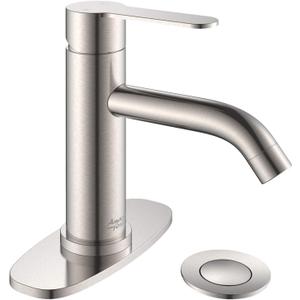 AMAZING FORCE Bathroom Faucet Brushed Nickel Bathroom Sink Faucet with Pop-up Sink Drain Assembly & Deck Plate Single Hole Bathroom Faucet Single Handle (Long Spout)