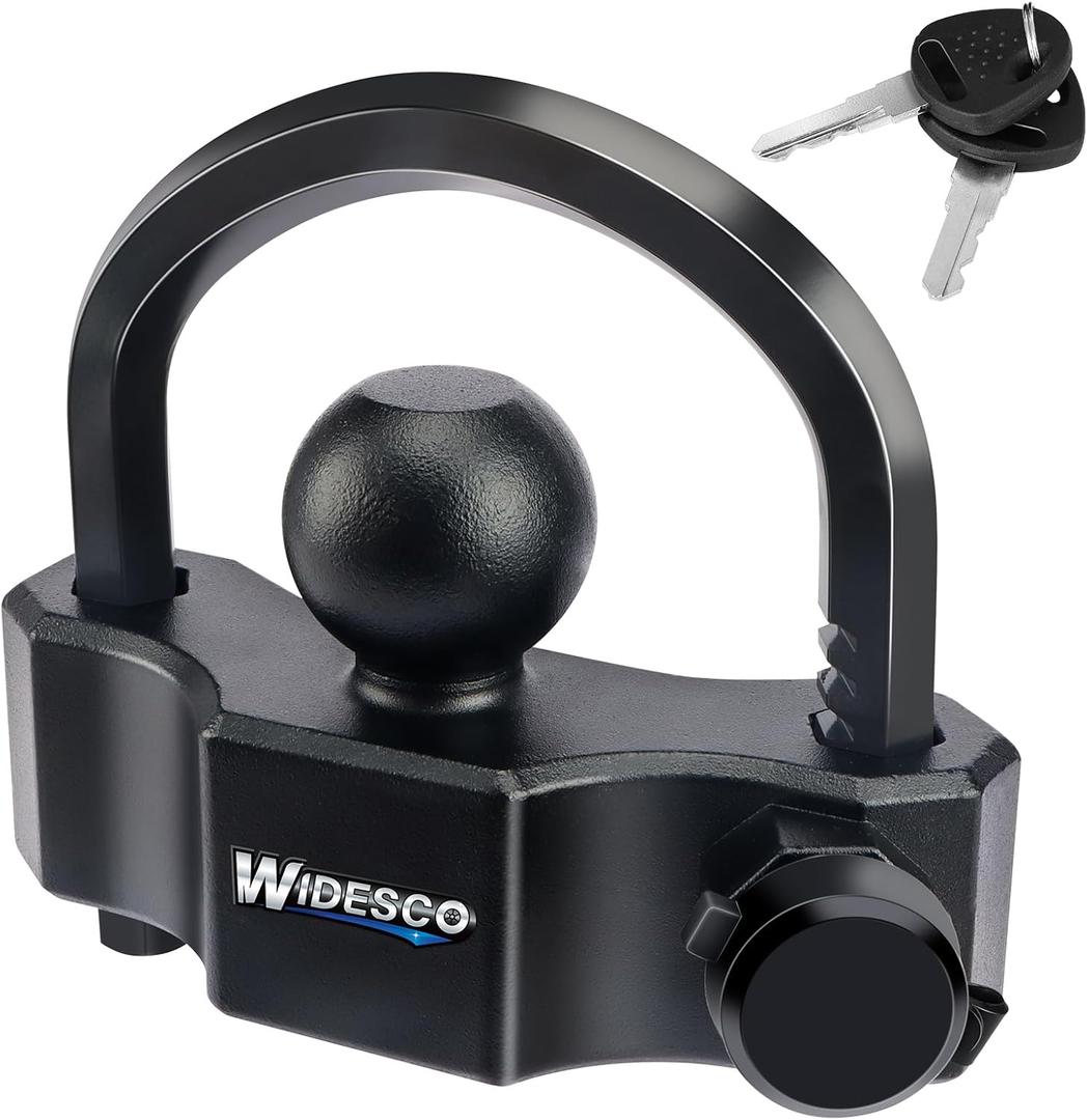 Widesco Universal Trailer Coupler Lock - Heavy Duty Anti-Theft Trailer Hitch Lock for 1-7/8", 2", 2-5/16" Couplers, Adjustable Security for RV, Boat, Cargo Trailers, Weatherproof, Black