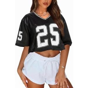 Women Jersey Shirts Cropped Graphic Tees Cute Y2k Crop Top Football Shirts Streetwear (Small, Black)