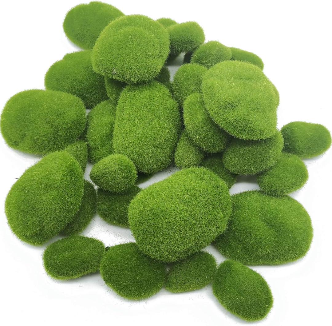 TIHOOD 40PCS Artificial Moss Rocks (4 Sizes), Green Moss Decor for Floral Arrangements, Fairy Gardens and Crafting