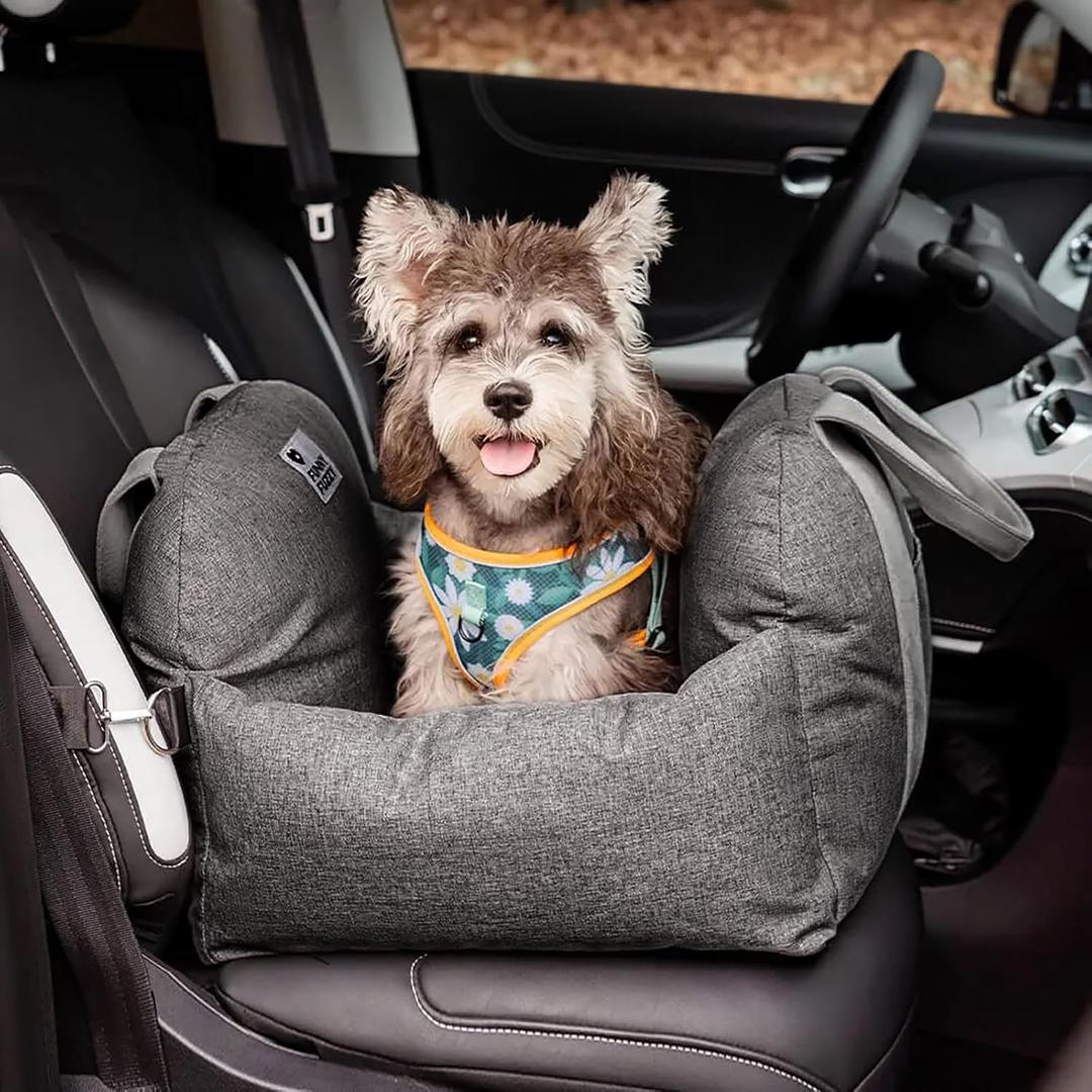 FUNNY FUZZY Dog Car Seat for Small Dogs (Charcoal Grey, Single Seat - 1 Dog Leash)