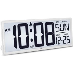 WallarGe Backlight Digital Wall Clock Battery Operated - with Temperature and Date 14.5'' Large Digital Wall Clock, Easy to Read and Set, Auto DST (White)