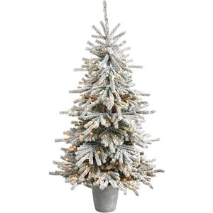 Nearly Natural 6ft. Flocked Long Vermont Pine Artificial Christmas Tree with 758 Bendable Branches and 250 LED Lights in Decorative Planter