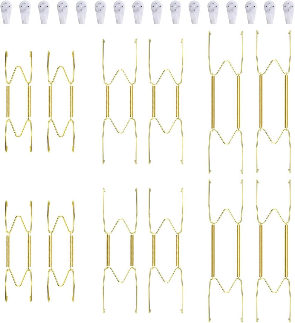 Invisible Wall Plate Hangers, 6/8/10 Inch Brass Plate Holders with 16-Pack Wall Hooks