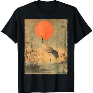Vintage Crane and Red Sun Vintage Japanese Woodblock Art T-Shirt (Small, Black)
