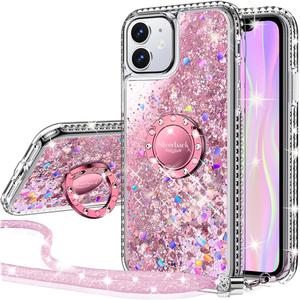 Silverback for iPhone 11 Case, Moving Liquid Holographic Sparkle Glitter Case with Kickstand, Bling Diamond Bumper Ring Stand Slim Protective Apple iPhone 11 6.1'' Case for Girls Women, Pink