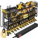 49.5" W Large Power Tool Organizer Wall Mount with Charging Station, 4 Tier Heavy Duty 12 Cordless Drills Holder Load 800 lb, Tool Battery Storage Rack Built in 8 Outlet Power Strip for Garage