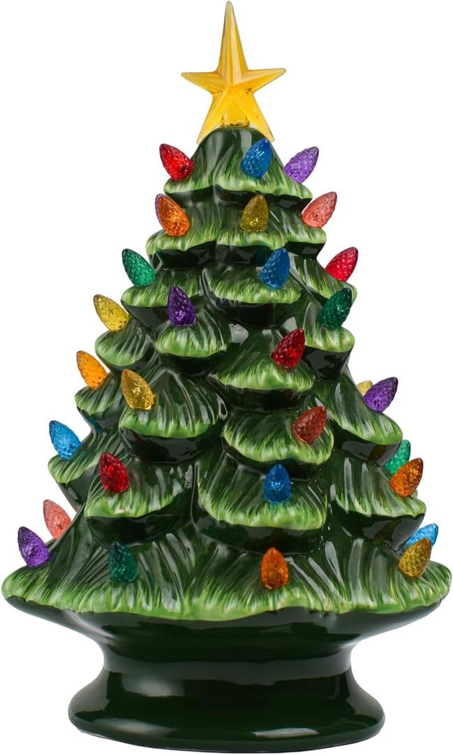 Ceramic Christmas Tree with Lights, Vintage Lighted Christmas Decoration with Star for Tabletop Holiday Decor, Unique Gift for Mom Women Friends