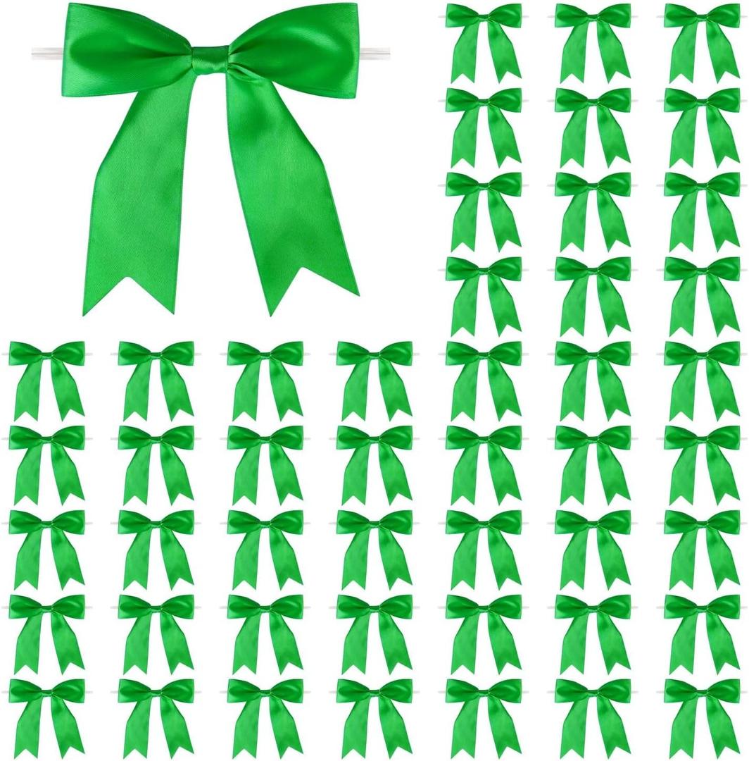 50 Pcs 5 Inches Twist Tie Satin Ribbon Bows Pretied Premade Craft Bows for Treat Bags Gift Wrapping Basket Wedding Baby Shower Brithday Christmas Party (Emerald Green)