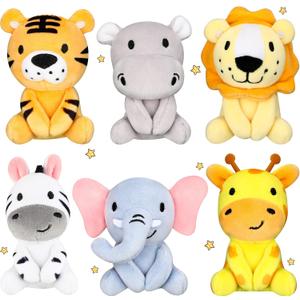 Aoriher 6 Pcs Mini Stuffed Forest Animal Bulk Jungle Plush Animal 4 Inch Plush Elephant Lion Tiger Giraffe Panda for Baby Shower Christmas Birthday Gift Stuffer Themed Party Decoration(Lovely)