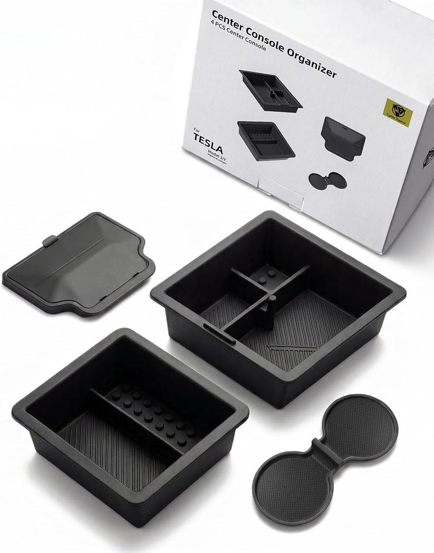 4Pcs for Tesla New Model 3/Y Juniper/Highland Non-Slide Center Console Organizer Tray Interior Accessories 2024/2025/2026,Hidden Storage Box,Cup Holder & Armrest Drawer Organizer