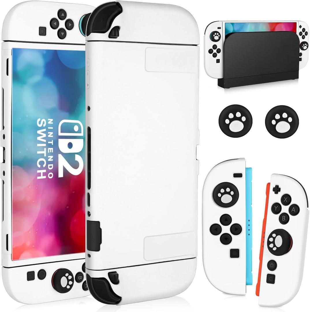 Switch 2 Case for Nintendo Switch 2 2025, Dockable Case TPU Soft Shell Protective Cover for Switch 2 Grips & Console and Accessories with 2 Pcs Thumb Caps, White