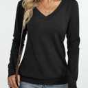 Womens V Neck Long Sleeve Shirts Banded Bottom Cute Loose Fit Tops Dressy Casual Outfits for Fall Spring (Black)