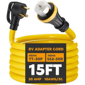 15ft 30 Amp to 50 Amp RV Locking Adapter Cord Compatible with Nema TT-30P Male to SS2-50R, Locking Female Power Dog Bone Plug for RV Trailer Camper, STW 10 Awg/3c