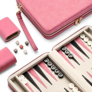 Backgammon Sets for Adults and Kids, Classic Backgammon Board with Unique Checkers Dice, Folding Faux Leather Backgammon Case, Portable Travel Backgammon Game Set (Pink)