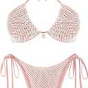 ZAFUL Women's Triangle Bikini Multiway Fishnet Tie Side Bandeau Halter String Bikini Set Two Piece Swimsuit Bathing Suits (Large, 1-light Pink)